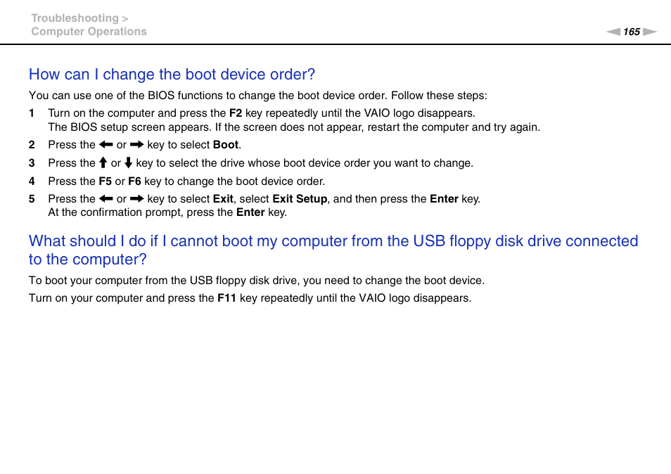 How can i change the boot device order | Sony VAIO VPCSB User Manual | Page 165 / 209