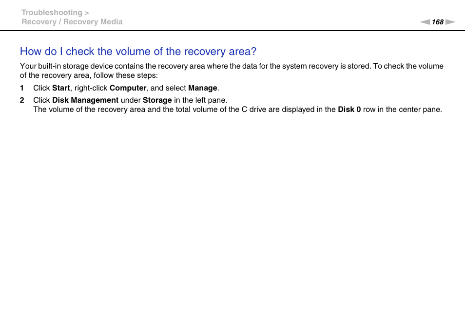 How do i check the volume of the recovery area | Sony VAIO VPCSB User Manual | Page 168 / 209