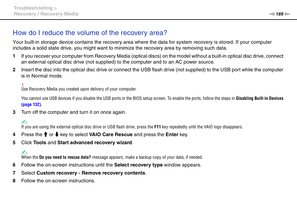 How do i reduce the volume of the recovery area | Sony VAIO VPCSB User Manual | Page 169 / 209