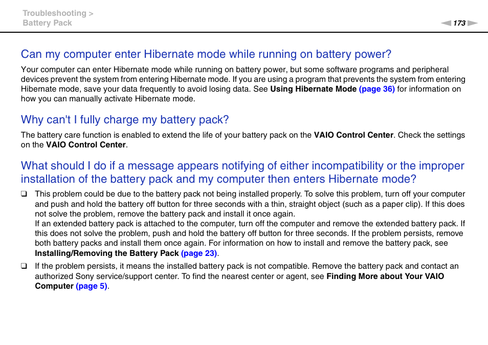 Why can't i fully charge my battery pack | Sony VAIO VPCSB User Manual | Page 173 / 209