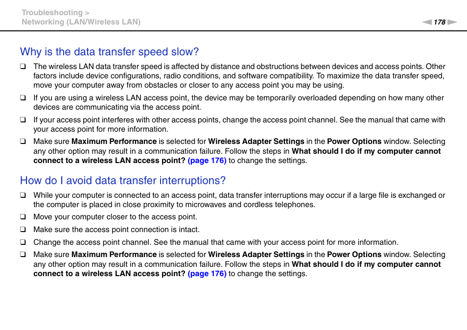 Why is the data transfer speed slow, How do i avoid data transfer interruptions | Sony VAIO VPCSB User Manual | Page 178 / 209