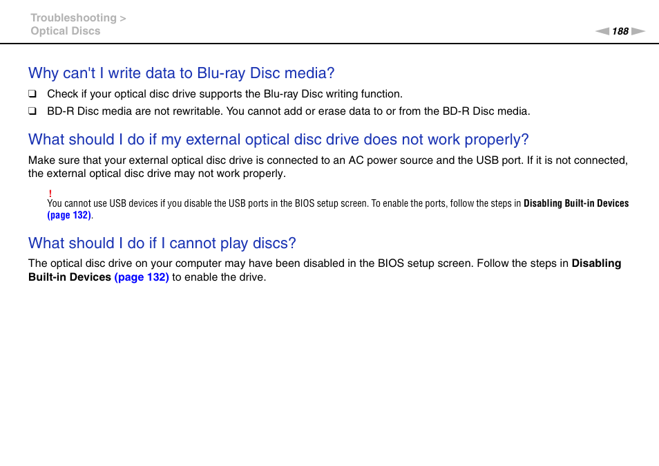 Why can't i write data to blu-ray disc media, What should i do if i cannot play discs | Sony VAIO VPCSB User Manual | Page 188 / 209