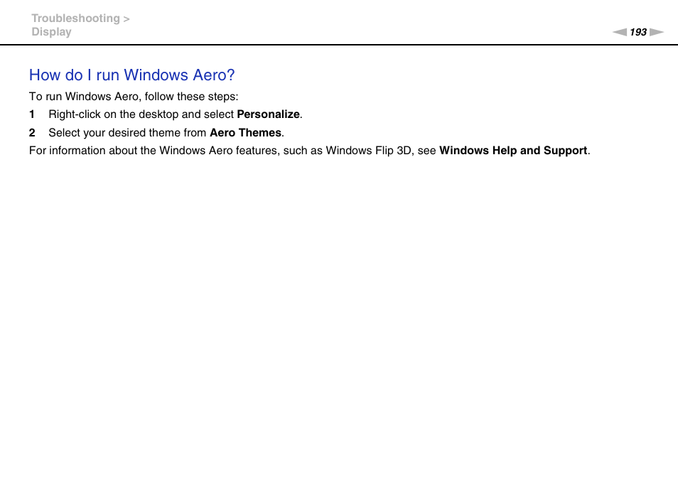 How do i run windows aero | Sony VAIO VPCSB User Manual | Page 193 / 209