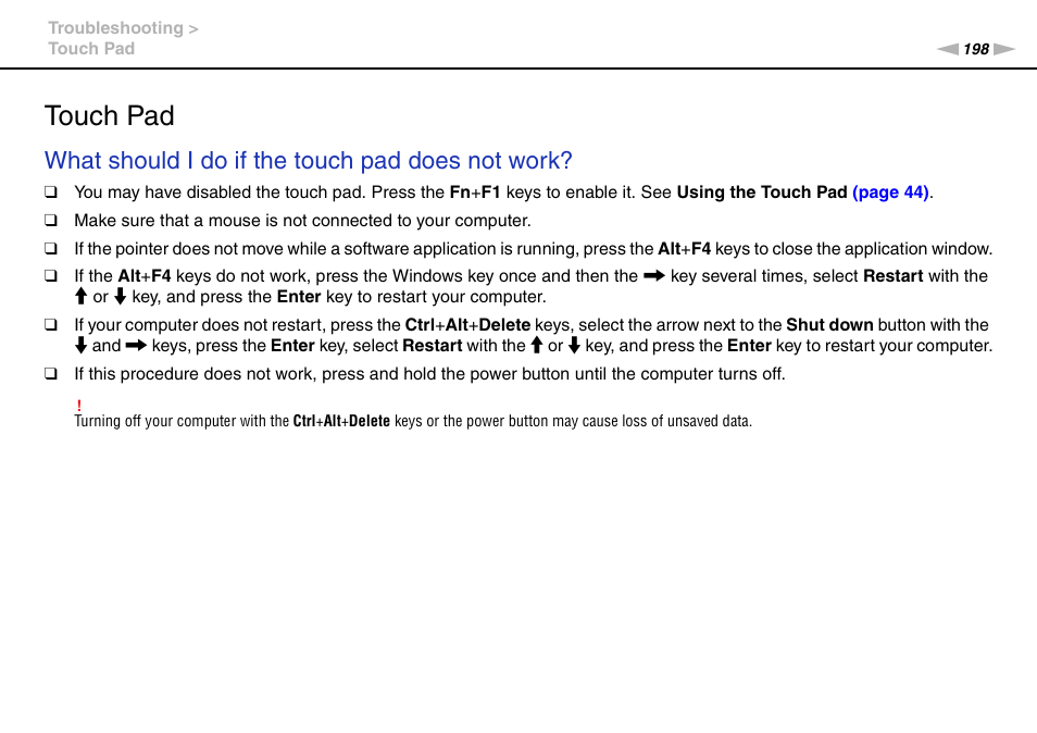 Touch pad, What should i do if the touch pad does not work | Sony VAIO VPCSB User Manual | Page 198 / 209