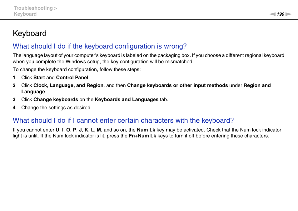 Keyboard | Sony VAIO VPCSB User Manual | Page 199 / 209