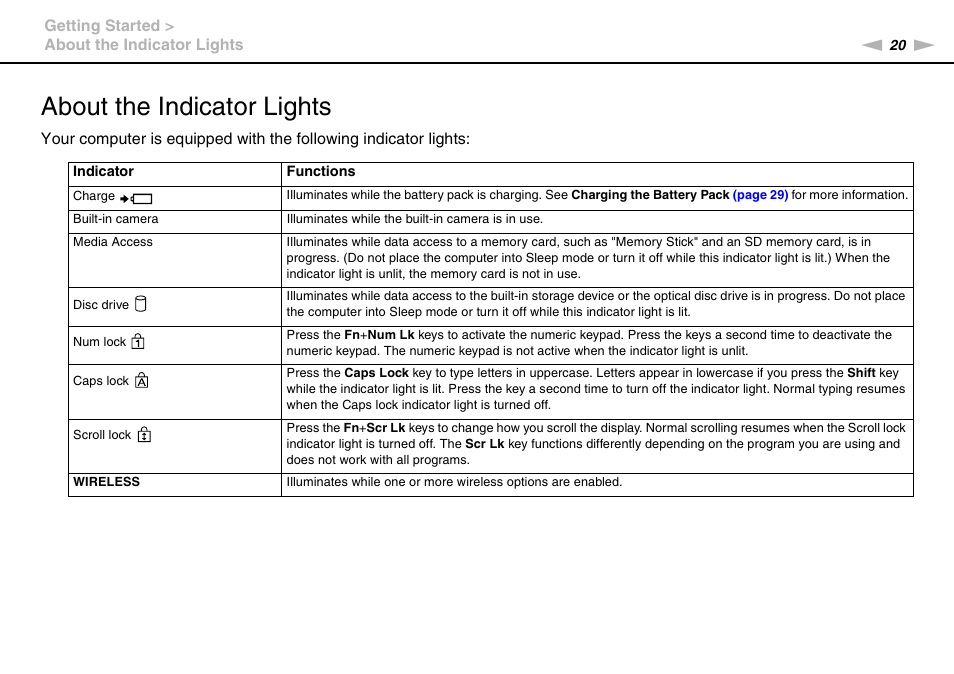 About the indicator lights | Sony VAIO VPCSB User Manual | Page 20 / 209