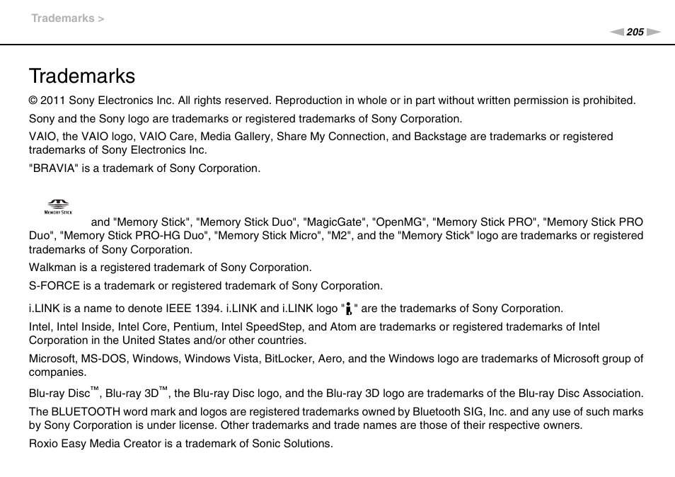 Trademarks | Sony VAIO VPCSB User Manual | Page 205 / 209