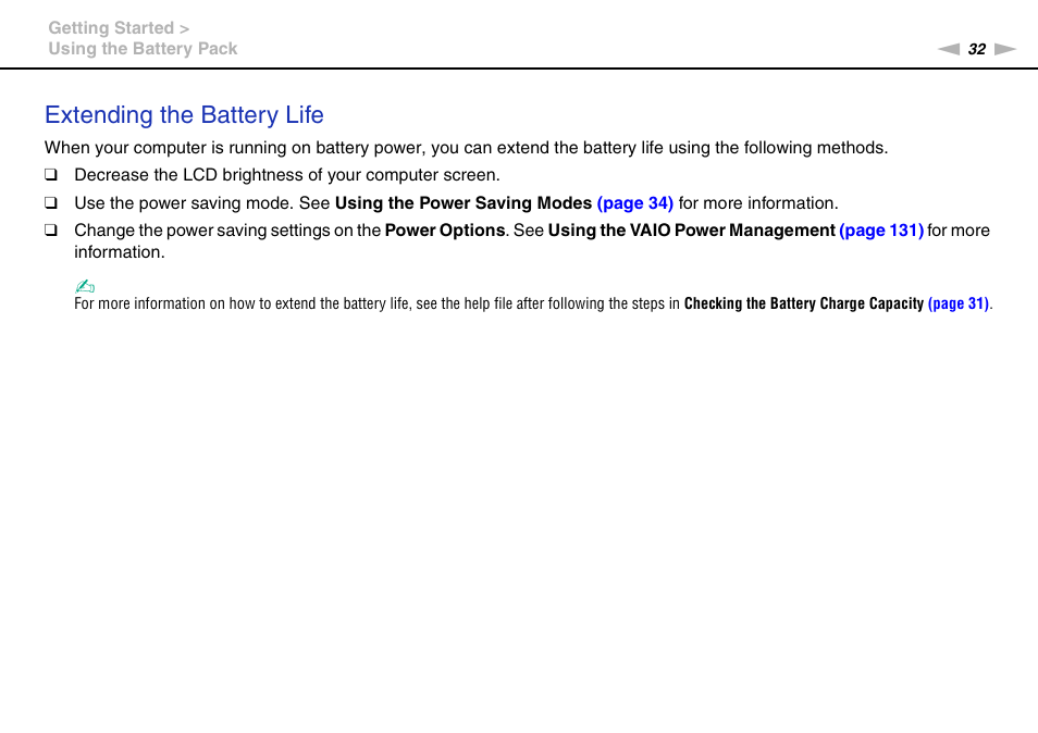 Extending the battery life | Sony VAIO VPCSB User Manual | Page 32 / 209