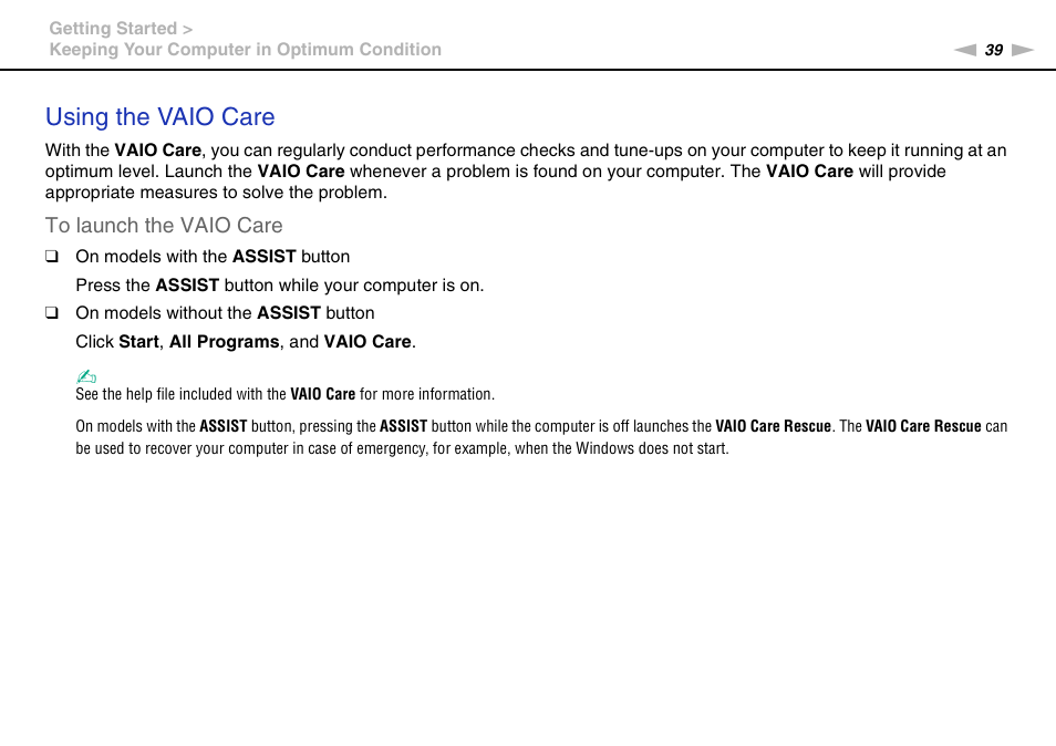Using the vaio care | Sony VAIO VPCSB User Manual | Page 39 / 209