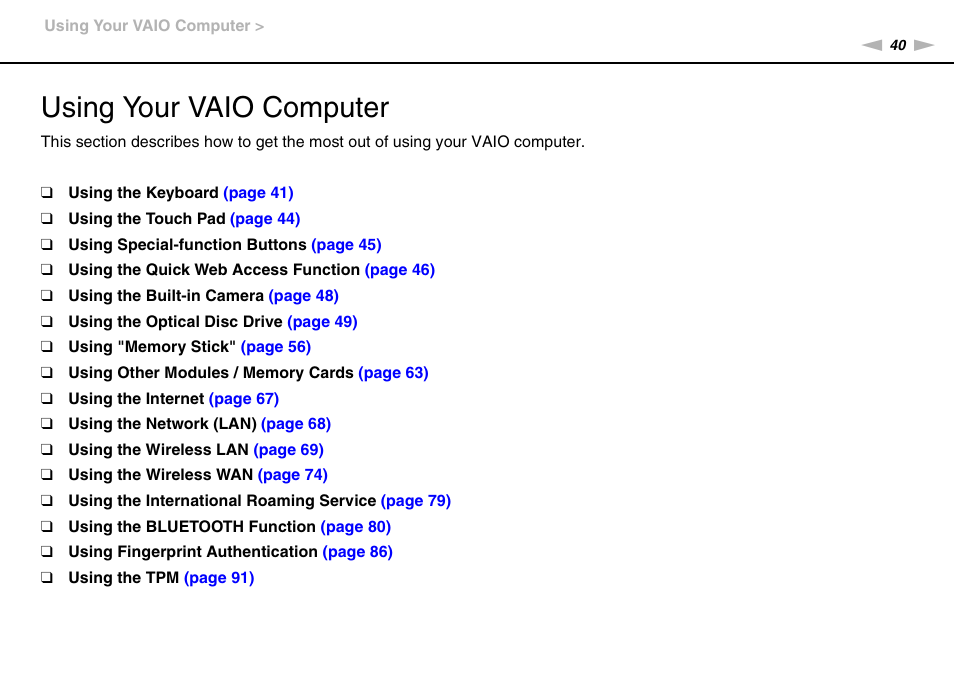 Using your vaio computer | Sony VAIO VPCSB User Manual | Page 40 / 209