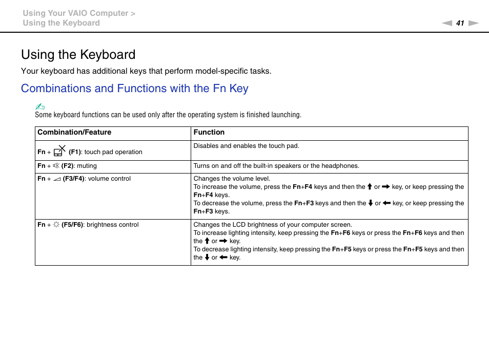 Using the keyboard, Combinations and functions with the fn key | Sony VAIO VPCSB User Manual | Page 41 / 209