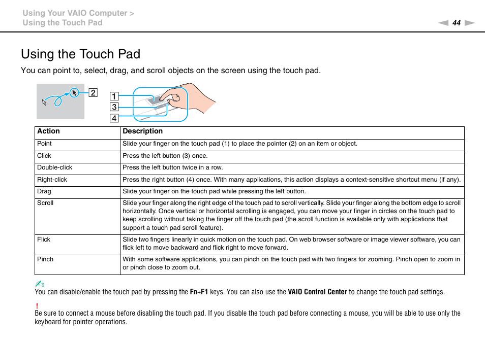 Using the touch pad | Sony VAIO VPCSB User Manual | Page 44 / 209