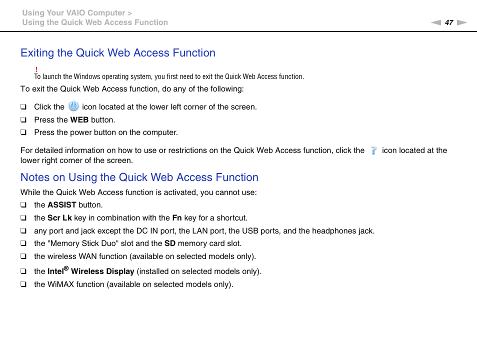 Exiting the quick web access function | Sony VAIO VPCSB User Manual | Page 47 / 209