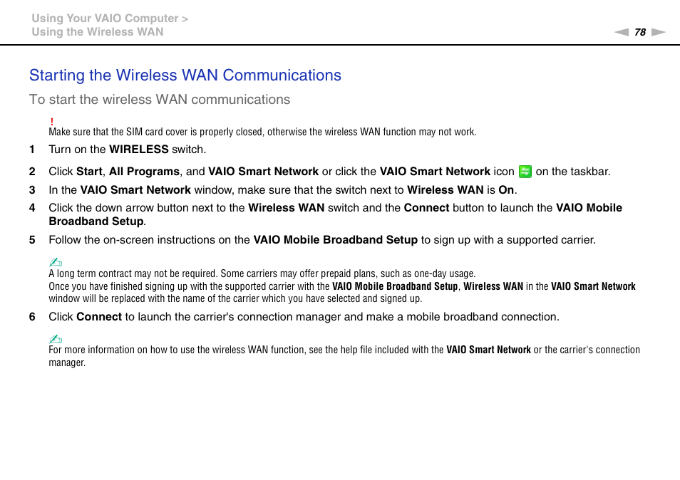 Starting the wireless wan communications | Sony VAIO VPCSB User Manual | Page 78 / 209