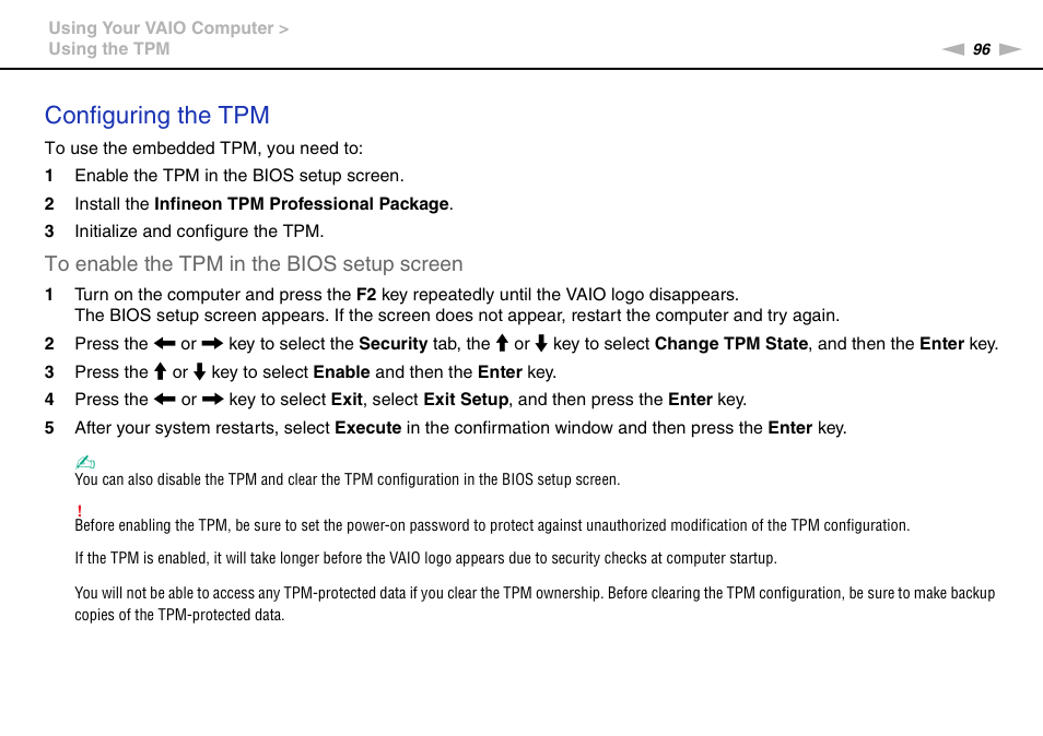 Configuring the tpm | Sony VAIO VPCSB User Manual | Page 96 / 209
