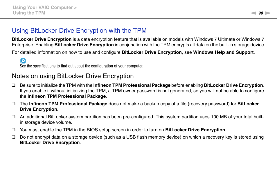 Using bitlocker drive encryption with the tpm | Sony VAIO VPCSB User Manual | Page 98 / 209