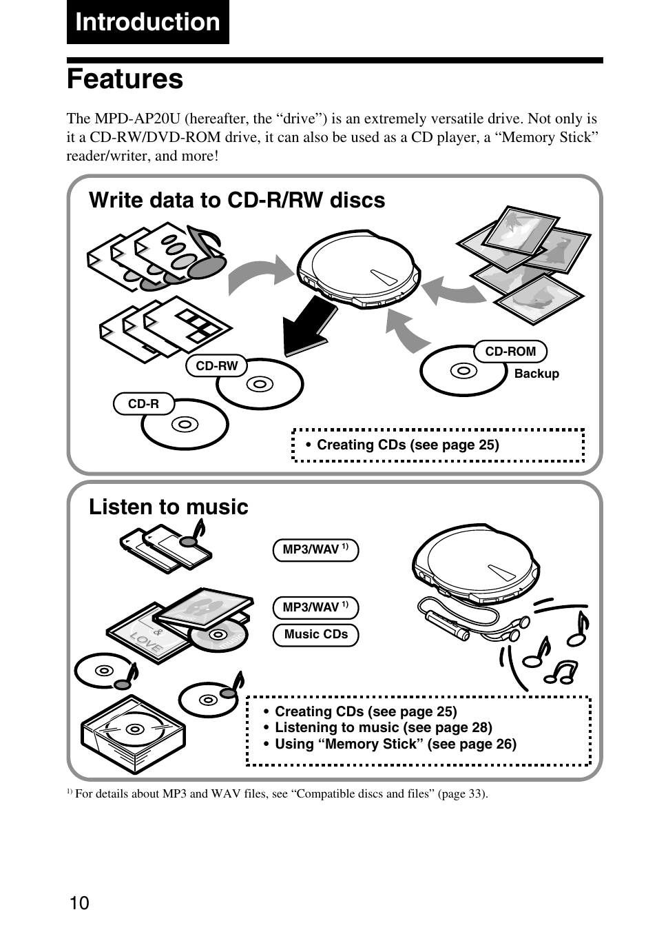 Introduction, Features, Write data to cd-r/rw discs | Listen to music | Sony MPD-AP20U User Manual | Page 10 / 68