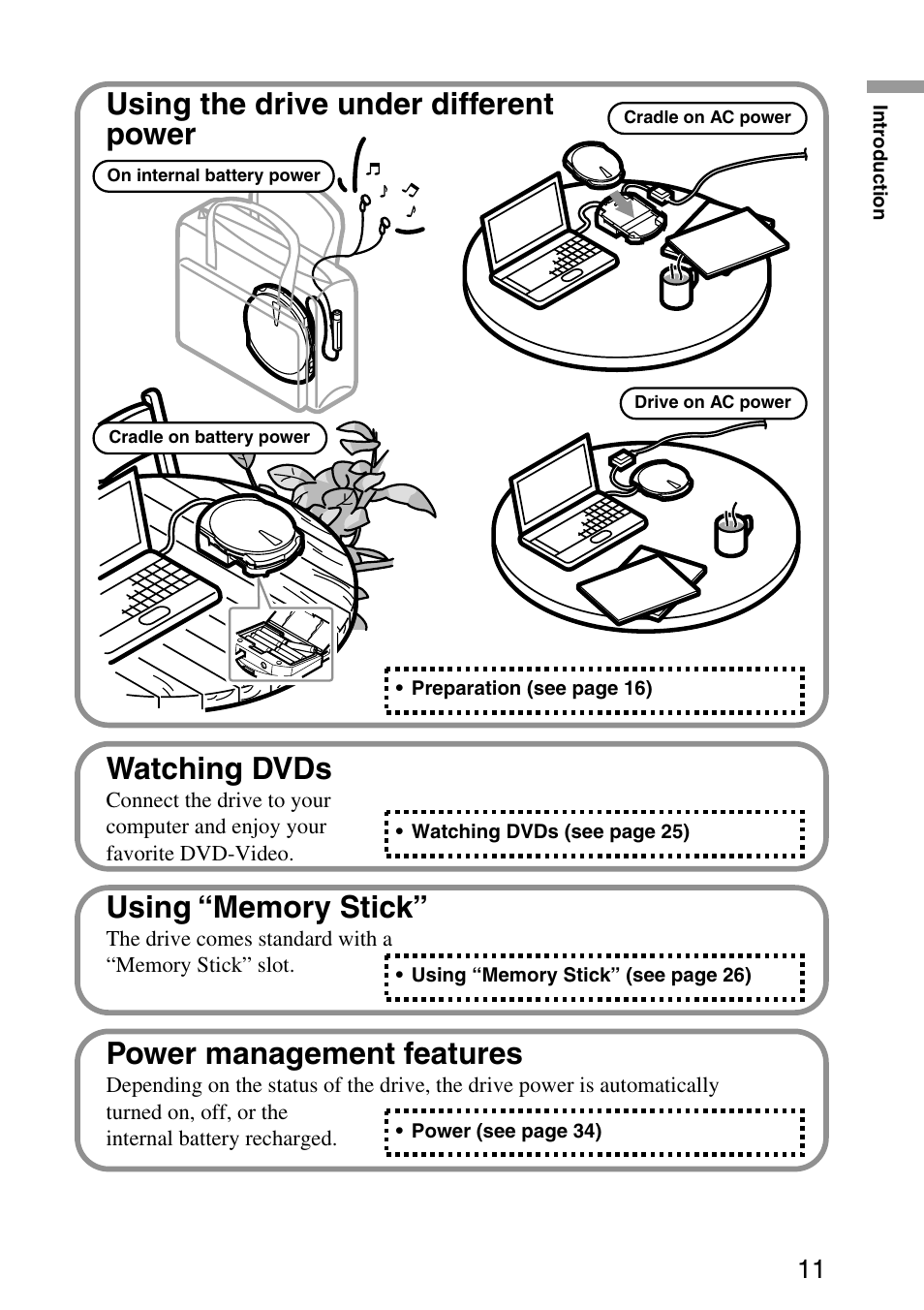 Using the drive under different power, Watching dvds, Power management features | Sony MPD-AP20U User Manual | Page 11 / 68