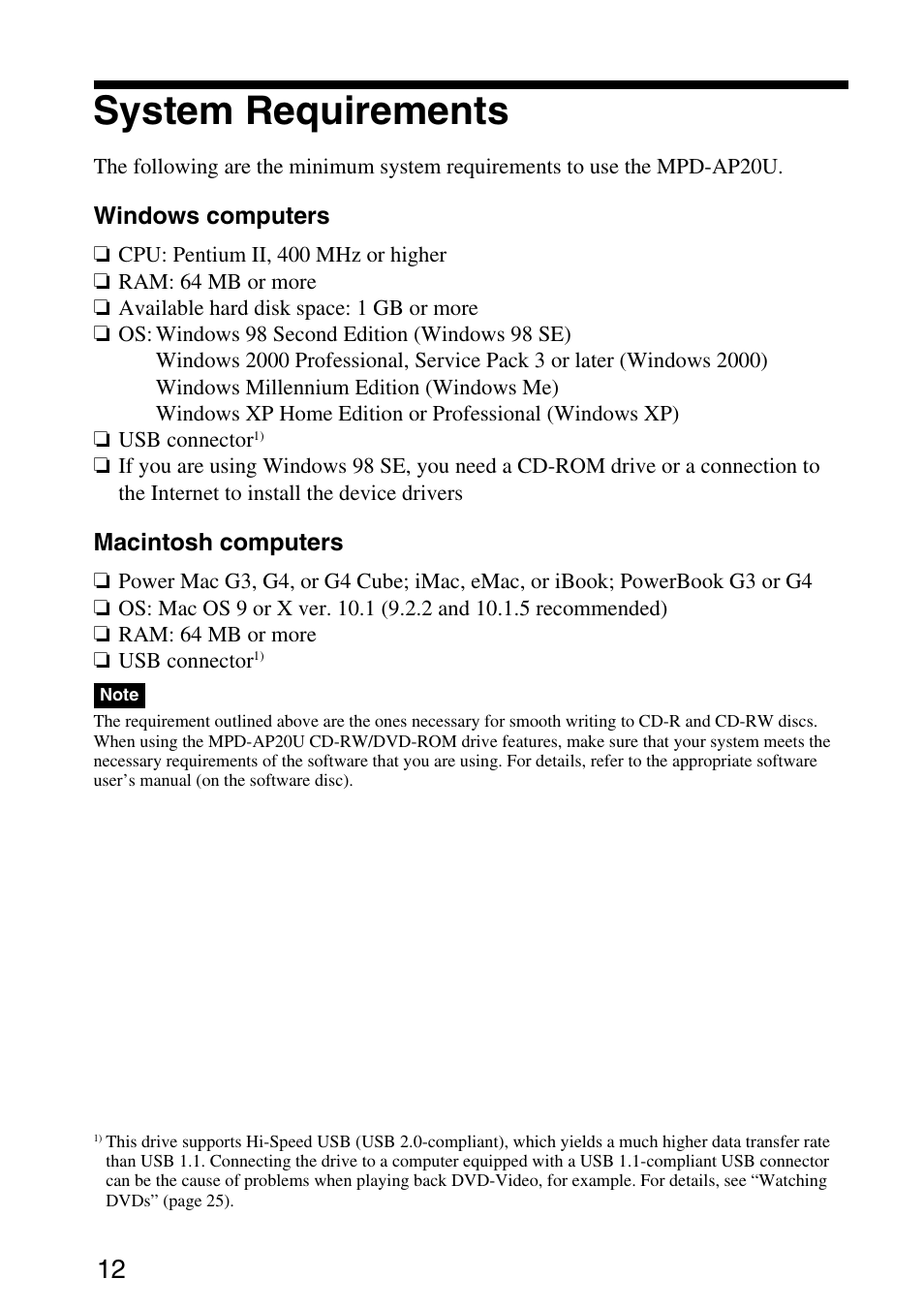 System requirements | Sony MPD-AP20U User Manual | Page 12 / 68