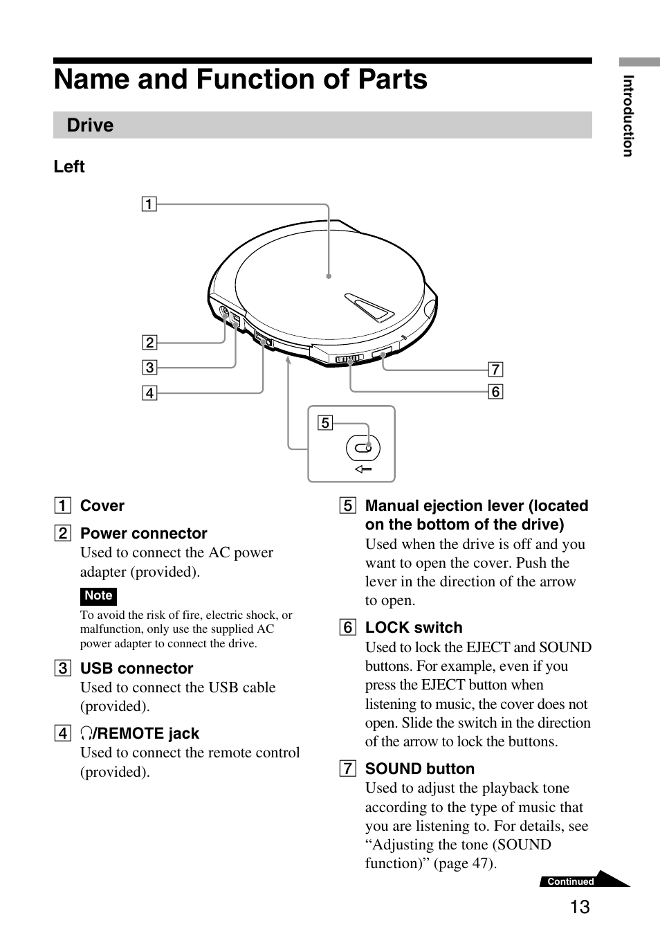 Name and function of parts, Drive | Sony MPD-AP20U User Manual | Page 13 / 68