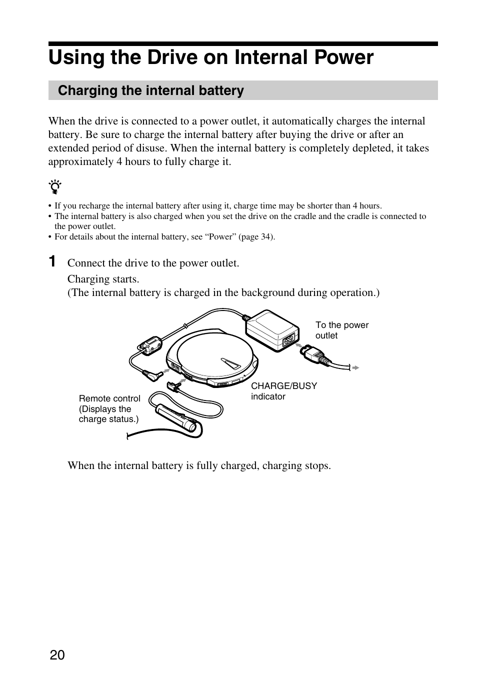 Using the drive on internal power, Charging the internal battery | Sony MPD-AP20U User Manual | Page 20 / 68