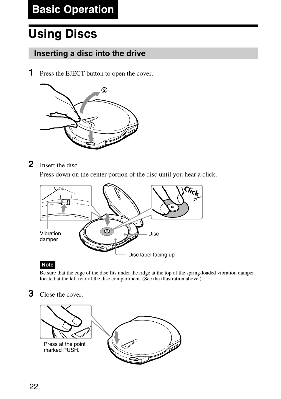 Basic operation, Using discs, Inserting a disc into the drive | Sony MPD-AP20U User Manual | Page 22 / 68
