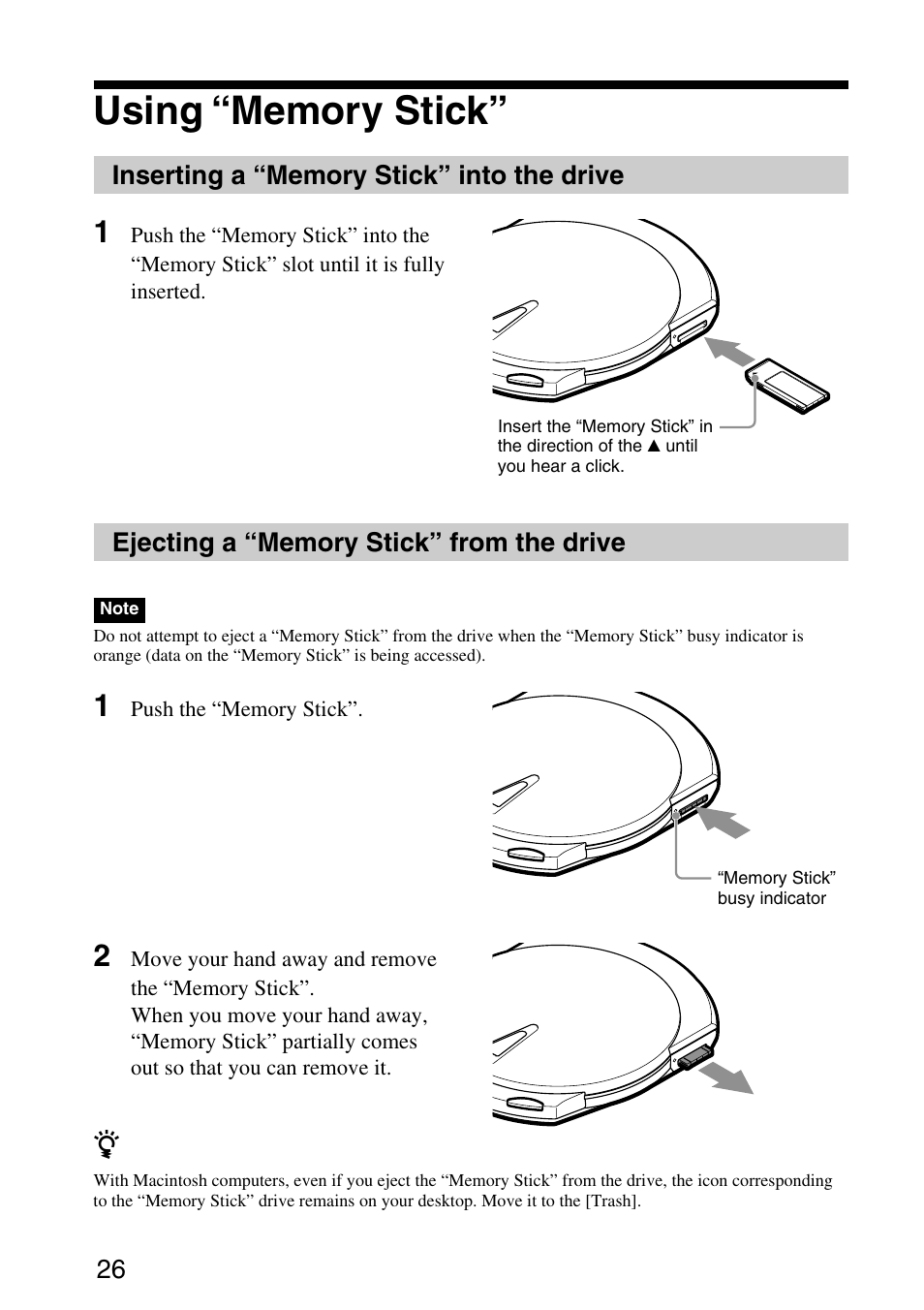 Using “memory stick, Inserting a “memory stick” into the drive, Ejecting a “memory stick” from the drive | Sony MPD-AP20U User Manual | Page 26 / 68