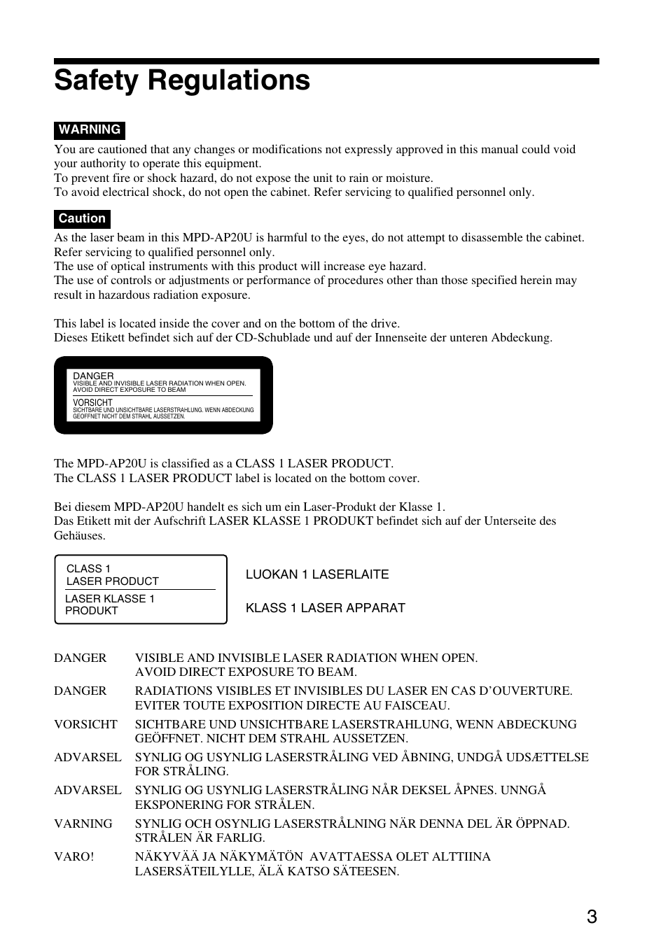 Safety regulations | Sony MPD-AP20U User Manual | Page 3 / 68