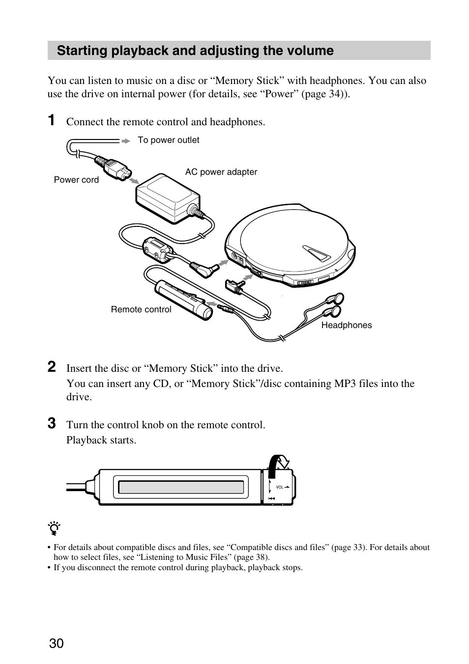 Starting playback and adjusting the volume, 30 starting playback and adjusting the volume | Sony MPD-AP20U User Manual | Page 30 / 68