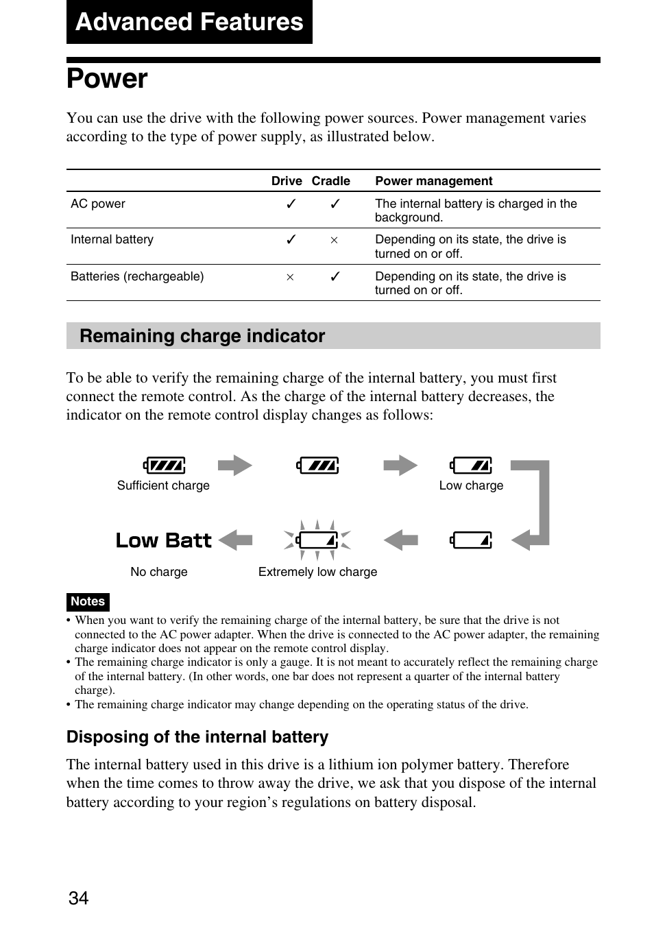 Advanced features, Power, Remaining charge indicator | Disposing of the internal battery | Sony MPD-AP20U User Manual | Page 34 / 68