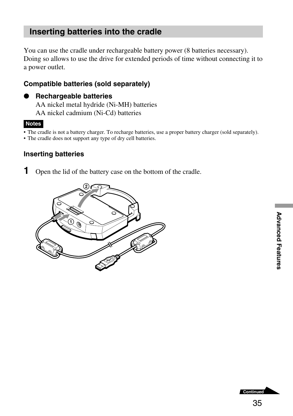 Inserting batteries into the cradle | Sony MPD-AP20U User Manual | Page 35 / 68