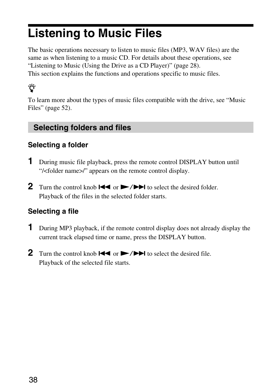 Listening to music files, Selecting folders and files | Sony MPD-AP20U User Manual | Page 38 / 68