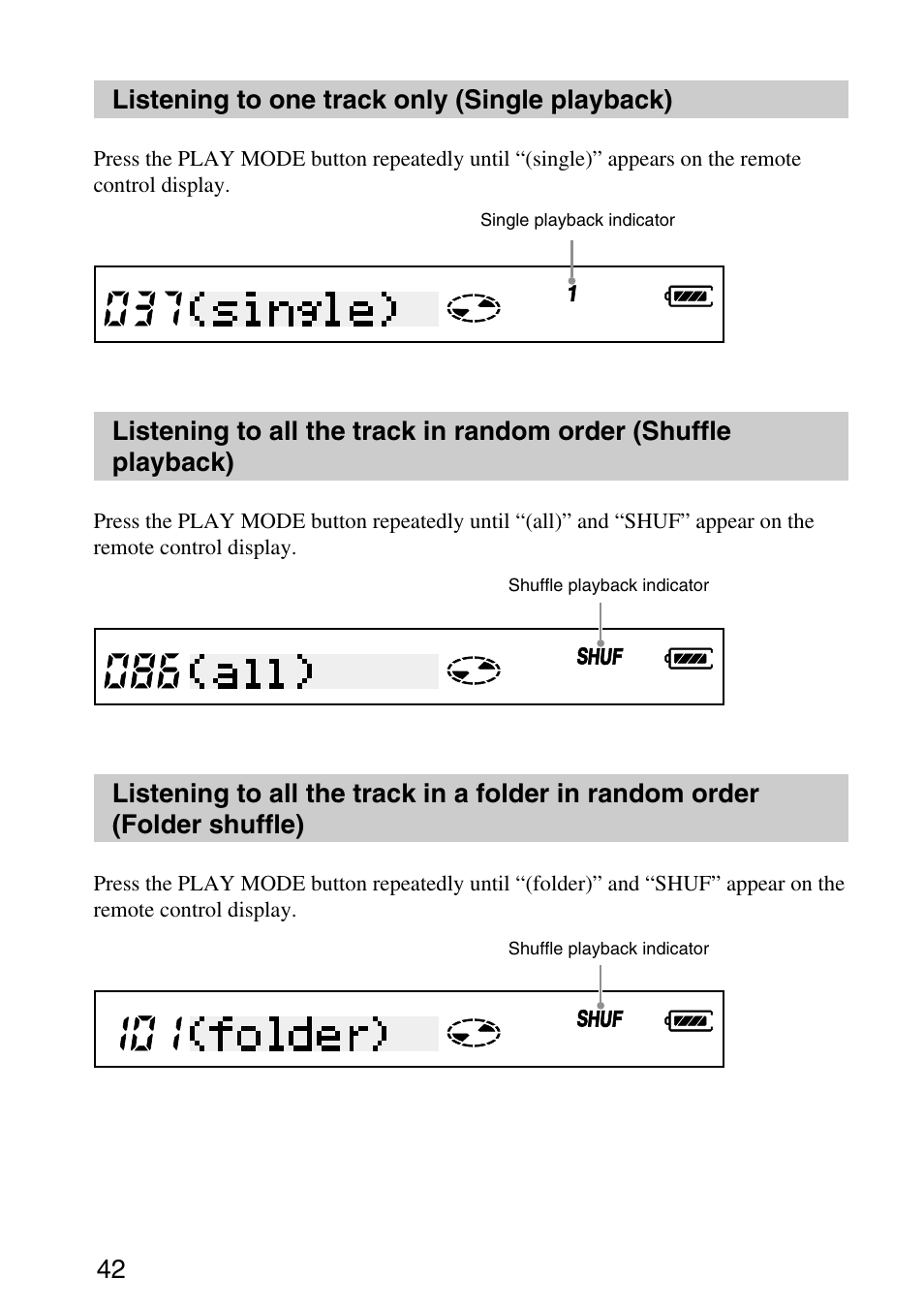 Listening to one track only (single playback), Shuffle playback), Folder shuffle) | 42 listening to one track only (single playback) | Sony MPD-AP20U User Manual | Page 42 / 68