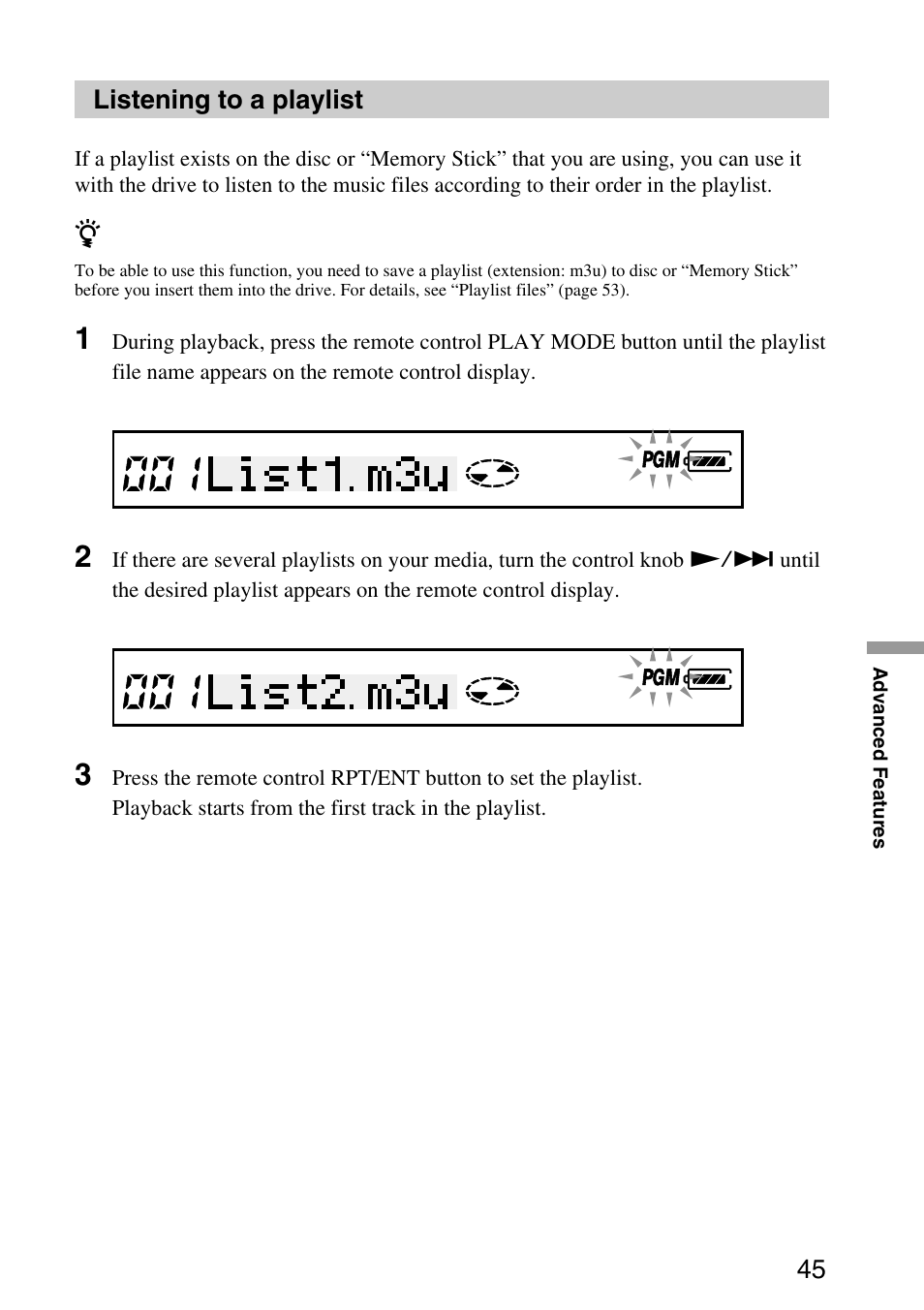 Listening to a playlist | Sony MPD-AP20U User Manual | Page 45 / 68