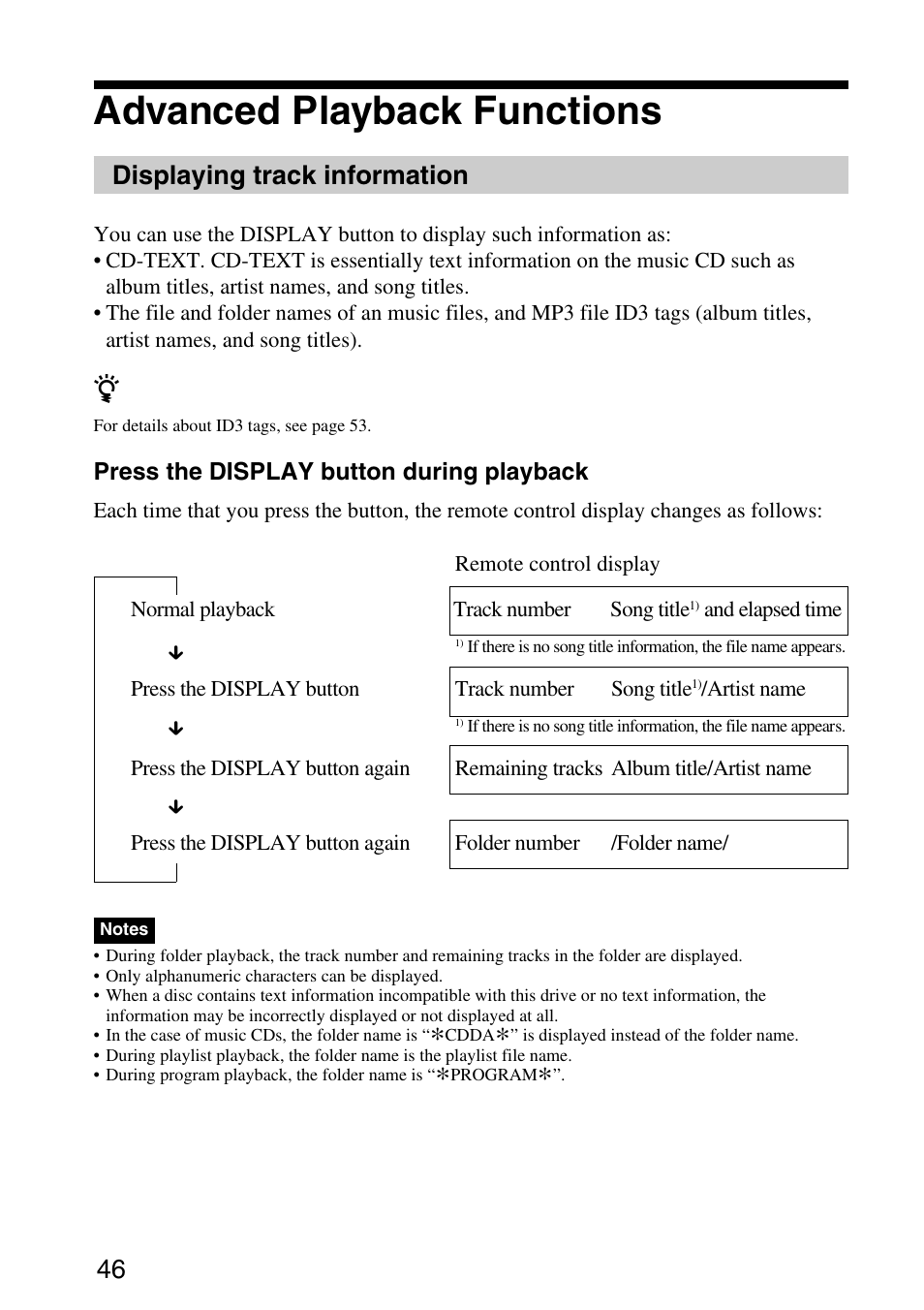 Advanced playback functions, Displaying track information | Sony MPD-AP20U User Manual | Page 46 / 68