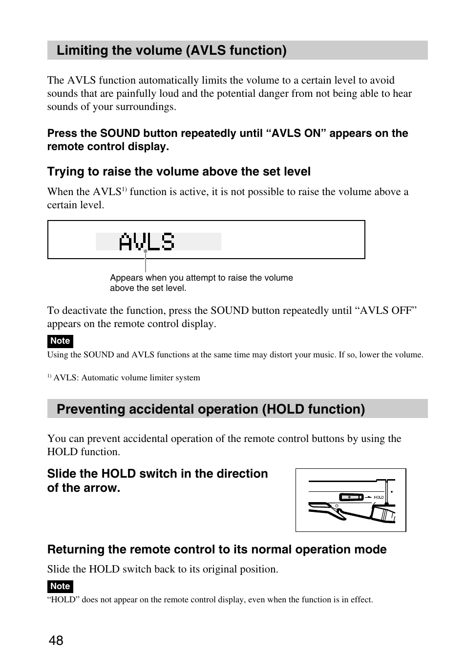 Limiting the volume (avls function), Preventing accidental operation (hold function), 48 limiting the volume (avls function) | Sony MPD-AP20U User Manual | Page 48 / 68