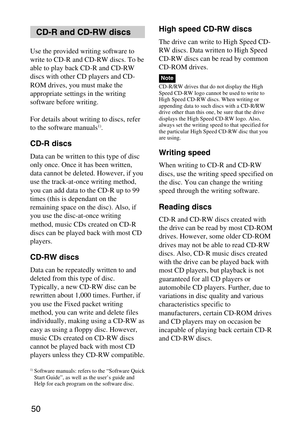 Cd-r and cd-rw discs, 50 cd-r and cd-rw discs | Sony MPD-AP20U User Manual | Page 50 / 68