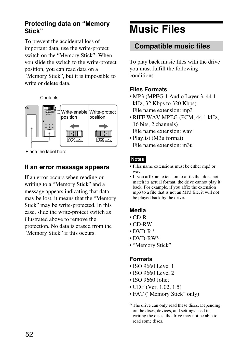 Music files, Compatible music files | Sony MPD-AP20U User Manual | Page 52 / 68