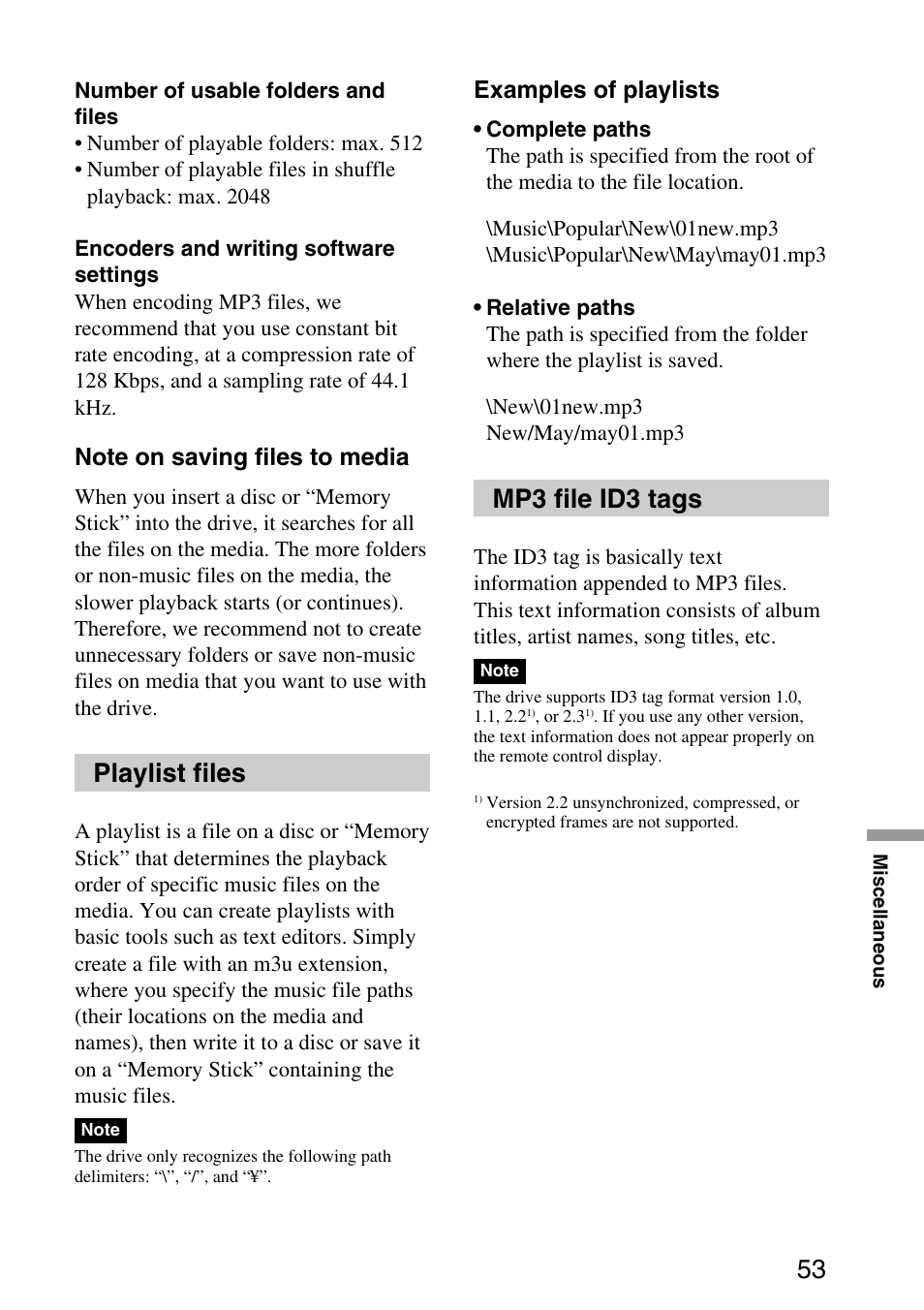 Playlist files, Mp3 file id3 tags, Playlist files mp3 file id3 tags | Examples of playlists | Sony MPD-AP20U User Manual | Page 53 / 68