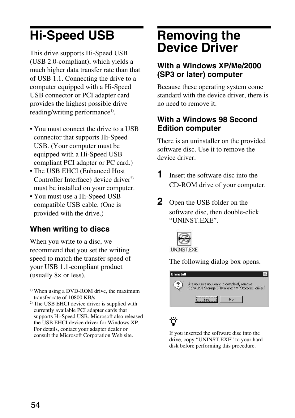 Hi-speed usb, Removing the device driver, Hi-speed usb removing the device driver | Sony MPD-AP20U User Manual | Page 54 / 68