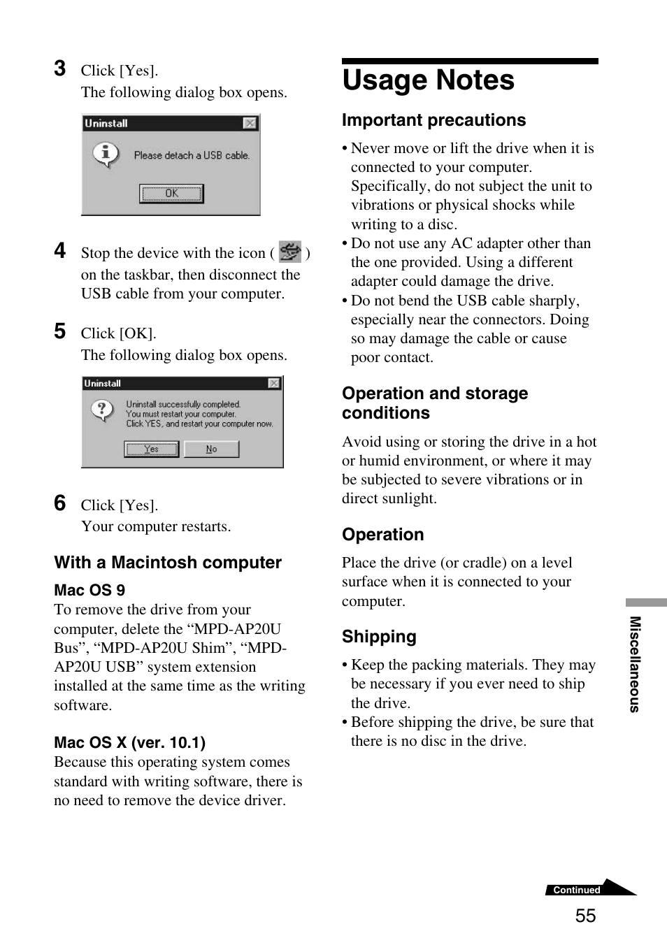 Usage notes | Sony MPD-AP20U User Manual | Page 55 / 68