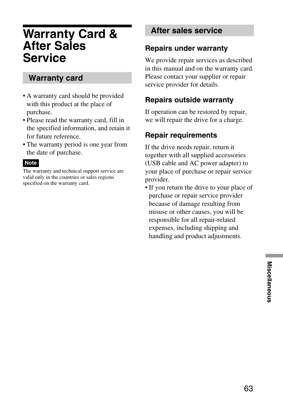 Warranty card & after sales service, Warranty card, After sales service | Warranty card after sales service | Sony MPD-AP20U User Manual | Page 63 / 68