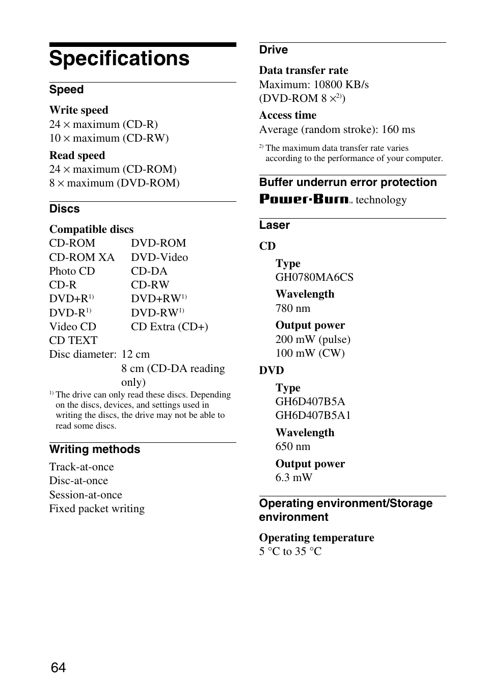 Specifications | Sony MPD-AP20U User Manual | Page 64 / 68