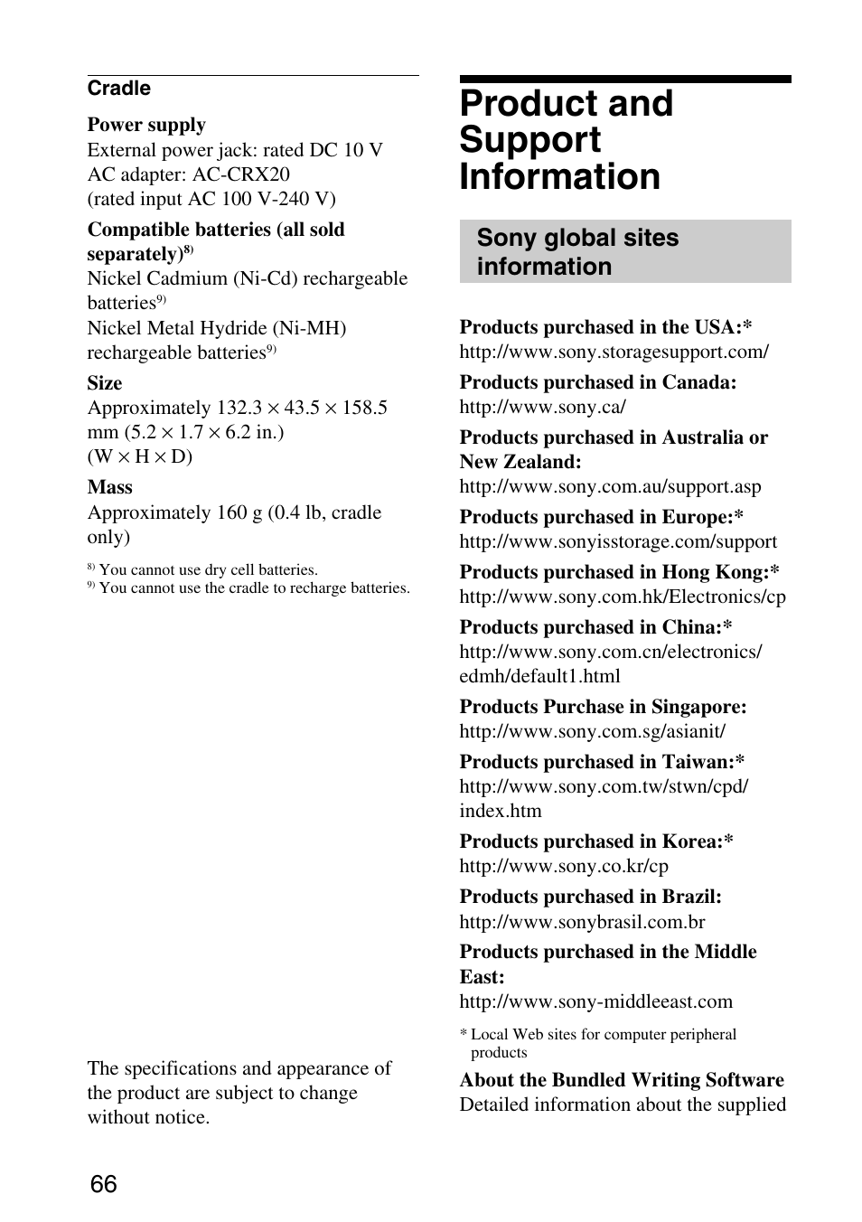 Product and support information, Sony global sites information | Sony MPD-AP20U User Manual | Page 66 / 68