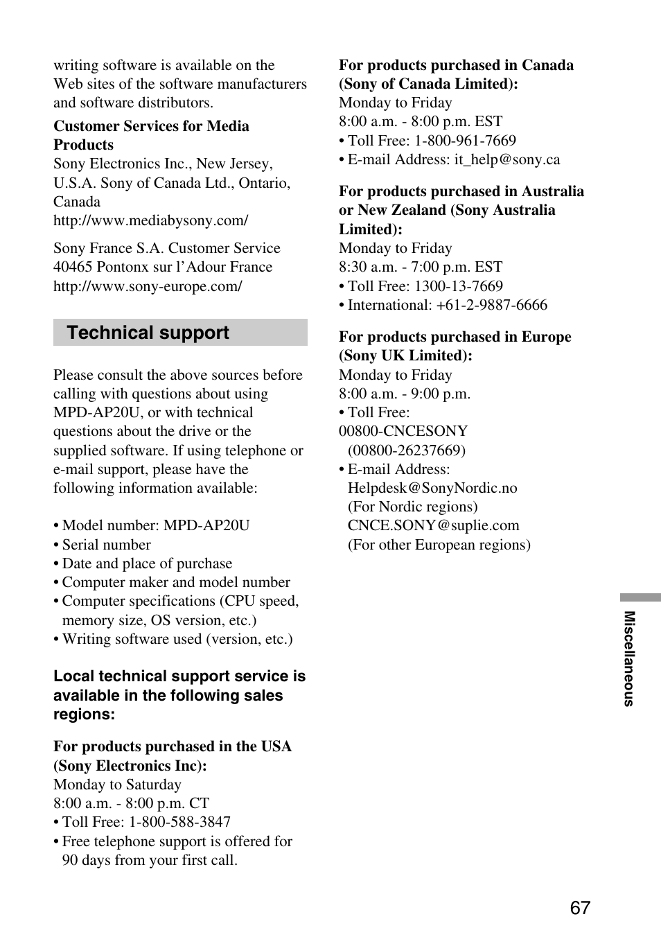 Technical support | Sony MPD-AP20U User Manual | Page 67 / 68