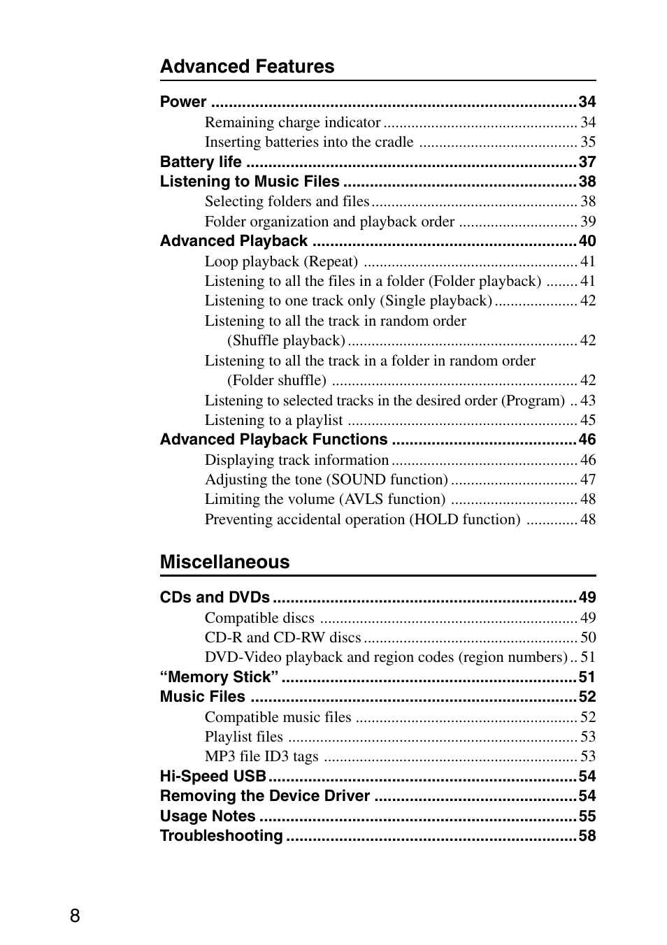 8advanced features, Miscellaneous | Sony MPD-AP20U User Manual | Page 8 / 68