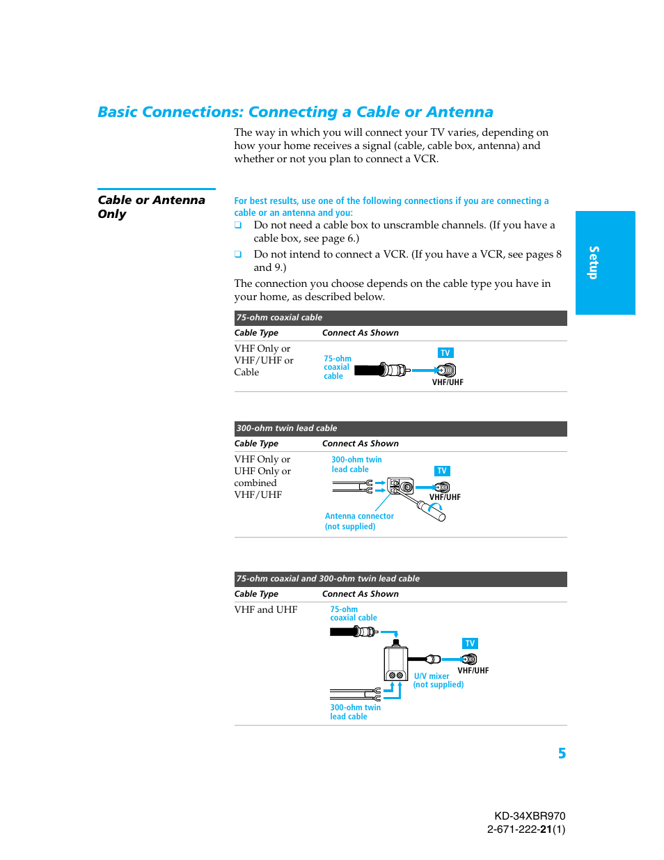 Basic connections: connecting a cable or antenna, Cable or antenna only, Se tup setu p setup se tup setu p setu p | Sony KD-34XBR970 User Manual | Page 12 / 64