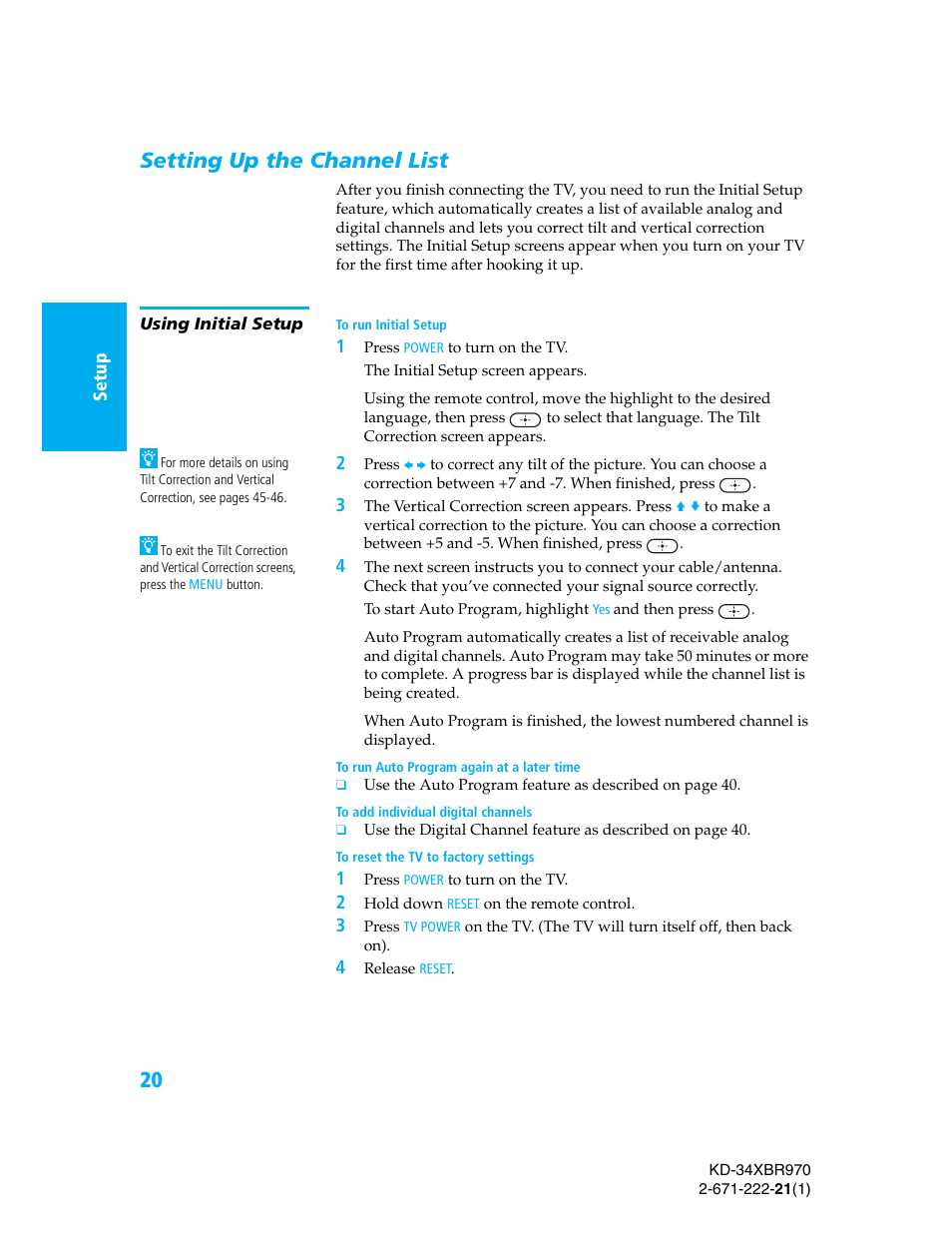 Setting up the channel list, Using initial setup | Sony KD-34XBR970 User Manual | Page 27 / 64