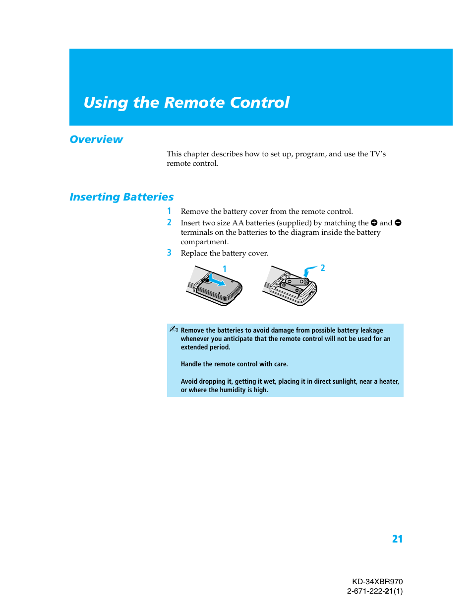 Using the remote control, Overview, Inserting batteries | Overview inserting batteries | Sony KD-34XBR970 User Manual | Page 28 / 64