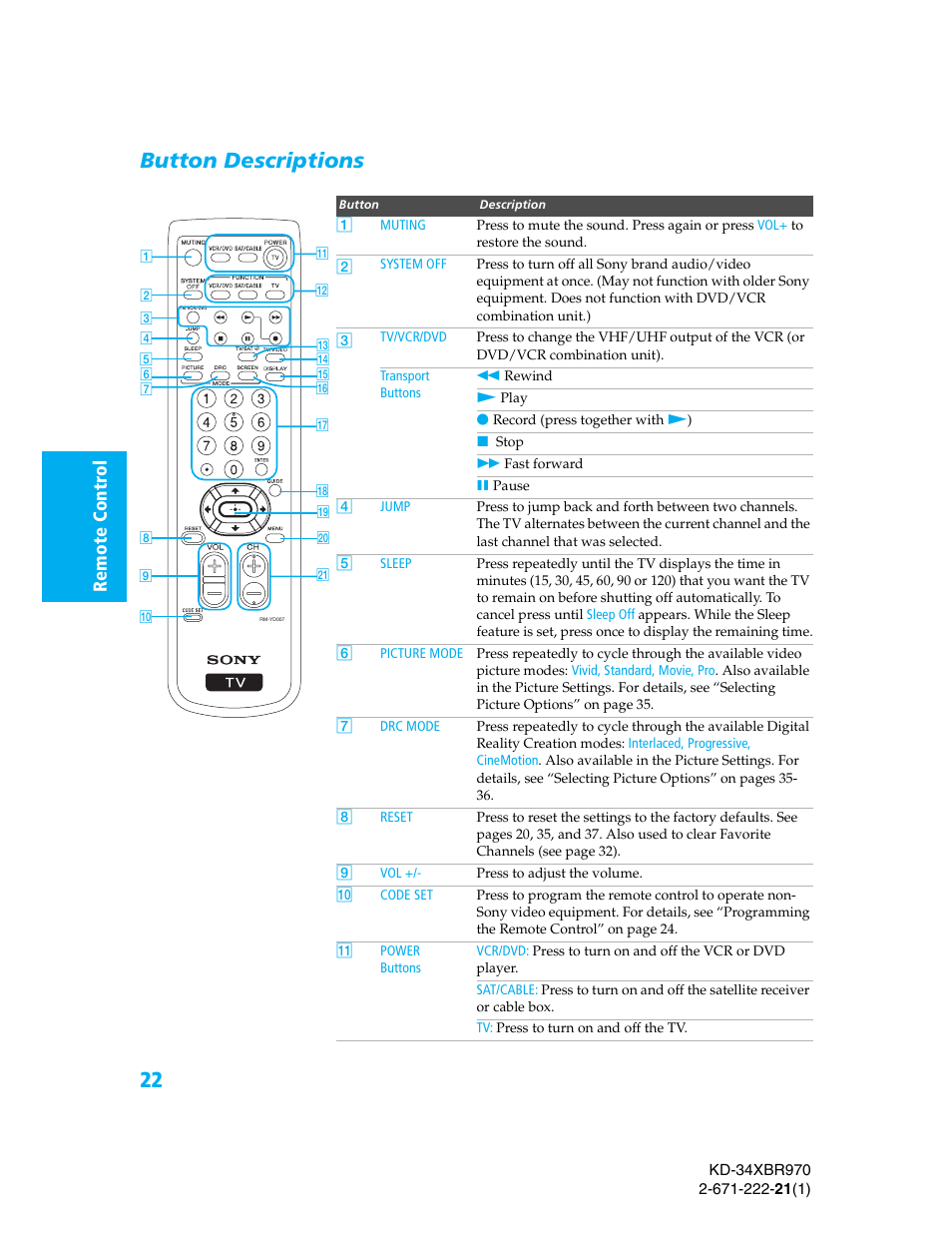 Button descriptions | Sony KD-34XBR970 User Manual | Page 29 / 64
